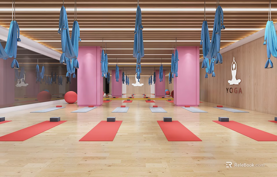 Bright Yoga Fitness Studio With Blue Hammocks Pink Pillars Wooden Floors Red Mats Black Blocks 3d model 