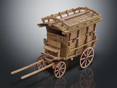 Traditional Wooden Horse-Drawn Carriage With Spoked Wheels Wooden Roof And Door Panels 3d model