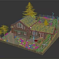 Charming Cartoon Scene With Small Cabin Yellow Roof Pine Tree Gravel Path Stones And Yard