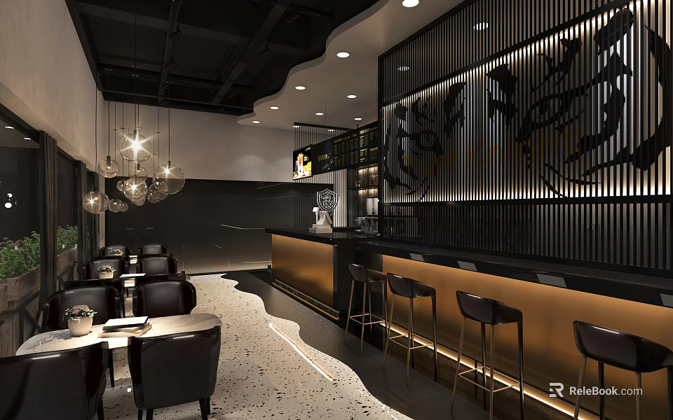 Modern Elegant Restaurant Interior Featuring Bar Counter Leather Chairs And Pendant Lights 3d model 