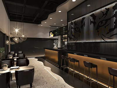 Modern Elegant Restaurant Interior Featuring Bar Counter Leather Chairs And Pendant Lights 3d model