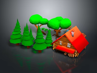 Cartoon Forest Scene With Green Trees Red Roof Log Cabin And Wooden Windows 3d model