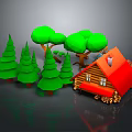 Cartoon Forest Scene With Green Trees Red Roof Log Cabin And Wooden Windows