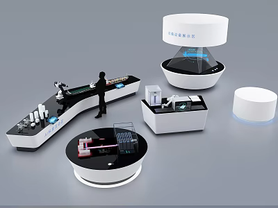 Modern Tech Inspired Exhibition Booths With Curved And Circular Design And Interactive Elements 3d model