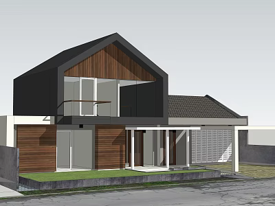Modern Two Story Detached Villa With Wooden Exterior Black Roof Large Windows And Balcony 3d model