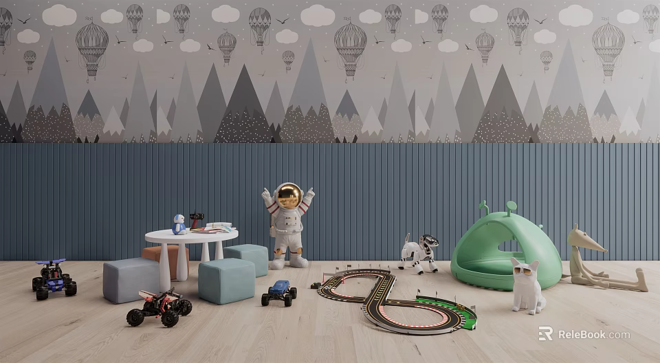 Kids Table with Astronaut Toy Cars Track Soft Stools and Cloud Hot Air Balloon Wallpaper 3d model 