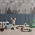 Kids Table with Astronaut Toy Cars Track Soft Stools and Cloud Hot Air Balloon Wallpaper
