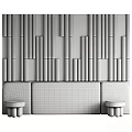 Modern Interior Design With Vertical Wooden Slat Wall Striped Beige Sofa And Small Round Stools