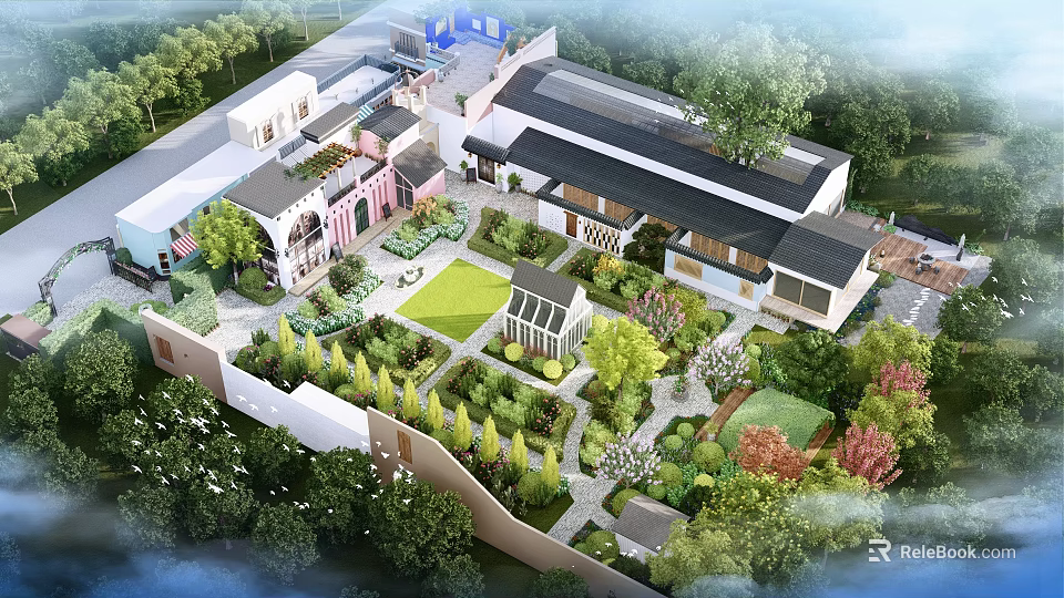 Beautiful Garden Landscape Design With Diverse Plants Paths Greenhouse And Lawn 3d model 