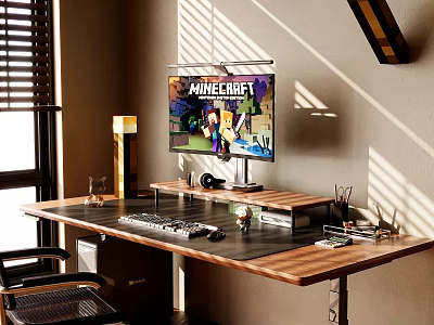 Sunlit Office Desk With Table Lamp Monitor Showing MONKEY KING Keyboard Mouse Stationery And Chair 3d model