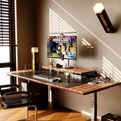 Sunlit Office Desk With Table Lamp Monitor Showing MONKEY KING Keyboard Mouse Stationery And Chair 3d model