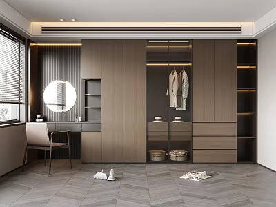 Modern Wooden Walk in Closet With Hanging Area Drawers Shelves And Dressing Table 3d model