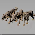 Three Light Colored Wolf Sculptures in Standing Pose with Reflections on Dark Background 3d model