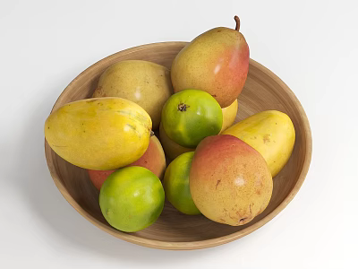 Fresh Colorful Fruits in Wooden Bowl Including Mangoes Pears and Green Fruits 3d model