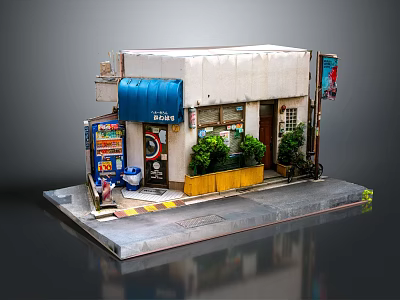 Cartoon Style Street Shop Featuring Blue Awning Vending Machine Green Plants And Yellow Striped Steps 3d model