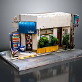 Cartoon Style Street Shop Featuring Blue Awning Vending Machine Green Plants And Yellow Striped Steps