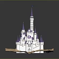 Decorative White Castle Model With Purple Spires Blue Flag On Sandy Base