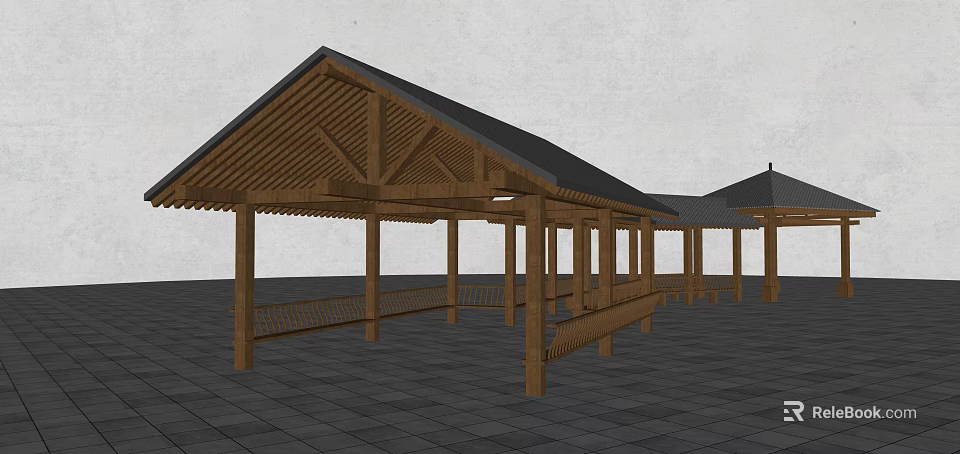 Traditional Wooden Pergola With Sloped Roof Columns And Stone Paved Floor 3d model 