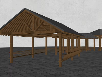 Traditional Wooden Pergola With Sloped Roof Columns And Stone Paved Floor 3d model