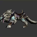 Fantasy Armored Wolf Creature With Gray Fur Decorative Armor And Glowing Teal Accents