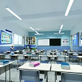School Classroom Interior With Desks Chairs Educational Posters Windows And Ceiling Lights 3d model