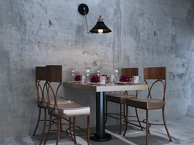 Stylish Dining Table Set With Wooden Chairs White Tabletop And Black Pendant Light 3d model