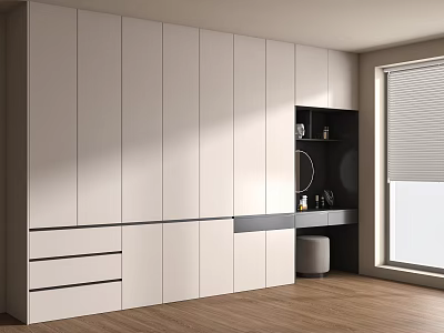 Modern Wardrobe With White Panels Drawers Open Compartment Round Mirror And Wooden Floor 3d model