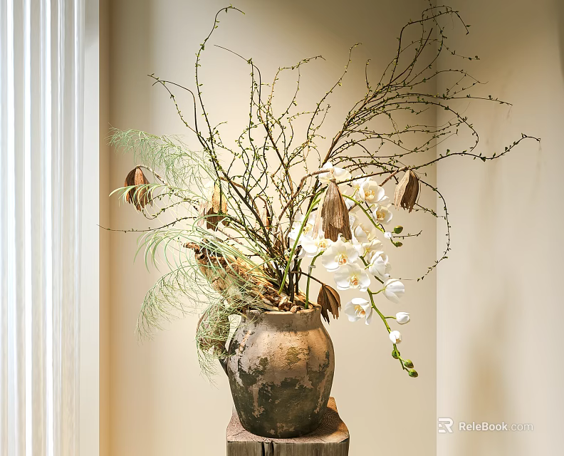 Rustic Ceramic Vase With White Orchids Twigs And Ferns In Natural Light 3d model 