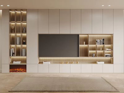 Modern TV Wall Unit with Built-in TV Side Shelves Lighting Decorations Books and Fireplace 3d model