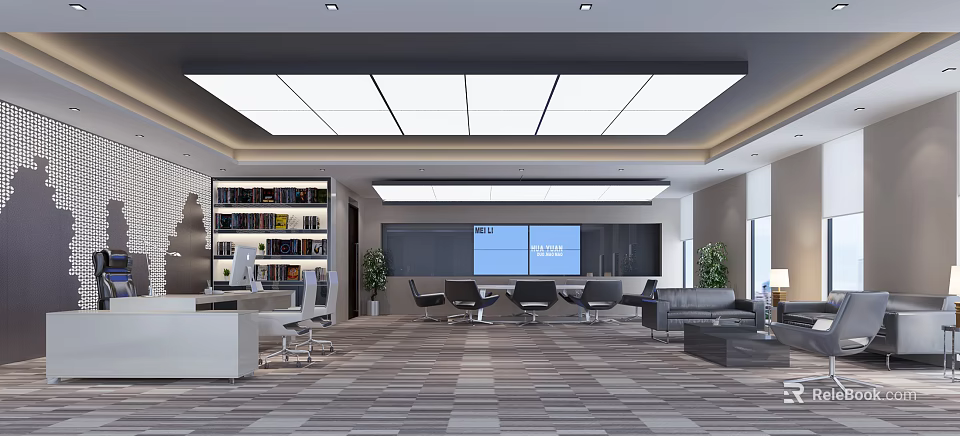 Modern Office Interior Design With Open Workspace Bookshelf Meeting Table Sofa Large Screen And Carpet 3d model 