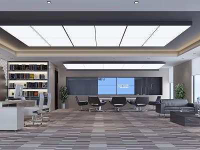 Modern Office Interior Design With Open Workspace Bookshelf Meeting Table Sofa Large Screen And Carpet 3d model