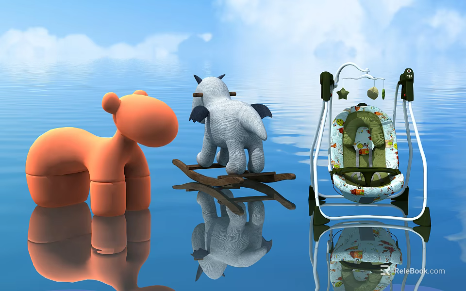 Orange Cartoon Children's Chair With Rocking Horse And Baby Swing By Water Reflection 3d model 