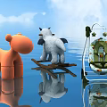 Orange Cartoon Children's Chair With Rocking Horse And Baby Swing By Water Reflection
