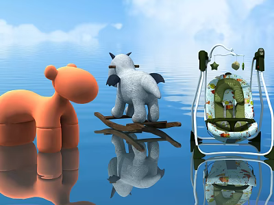 Orange Cartoon Children's Chair With Rocking Horse And Baby Swing By Water Reflection 3d model