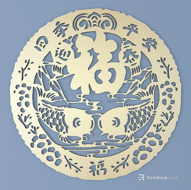 Traditional Circular Carving Featuring Chinese Character Fu Two Fish And Decorative Blue Background 3d model 