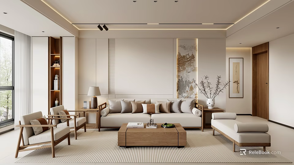 Elegant Modern Living Room Interior With Sofa Pillows Wooden Coffee Table And Armchairs 3d model 