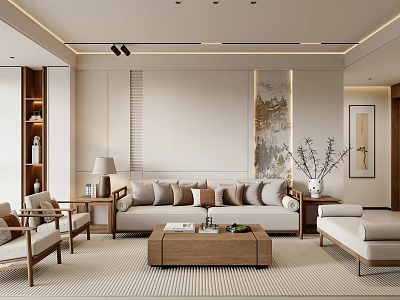 Elegant Modern Living Room Interior With Sofa Pillows Wooden Coffee Table And Armchairs 3d model