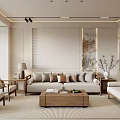 Elegant Modern Living Room Interior With Sofa Pillows Wooden Coffee Table And Armchairs