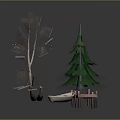 Outdoor Scenery With Bare Tree Green Pine Boat And Pink Bench