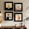 Abstract Paintings Featuring Lemon Coffee Cup Figure And Pear Hanging On Wall In Decorative Setting