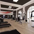 Spacious Fitness Gym Interior With Various Workout Equipment And Wooden Flooring