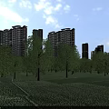 Scenic Modern Residential Community Buildings Surrounded by Greenery River and Roads
