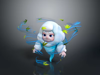 White Haired White Clothed Character Surrounded by Blue Flowing Lines and Yellow Leaves 3d model
