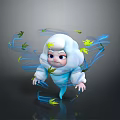 White Haired White Clothed Character Surrounded by Blue Flowing Lines and Yellow Leaves