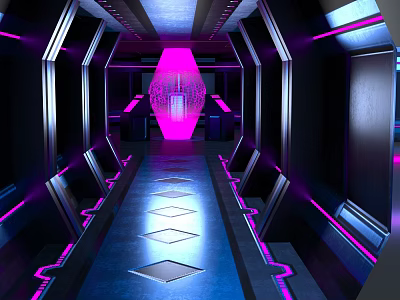 Cartoon Scene Of Futuristic Sci Fi Corridor With Purple Lighting Symmetric Structures And Blue Floor 3d model