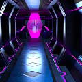 Cartoon Scene Of Futuristic Sci Fi Corridor With Purple Lighting Symmetric Structures And Blue Floor