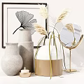 Stylish Decorative Ornament Set With Green Plants Vases Diffuser Sticks Books And Glass Cups