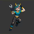 Animated Mechanic Character With Blue Hair Horned Goggles Wrench And Running Pose