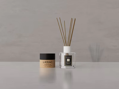 Elegant Bathroom Accessories Featuring Glass Reed Diffuser And Scented Candle Jar 3d model