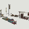 Outdoor Traditional Laundry Scene With Clothesline Fabrics Stone Mill And Cart